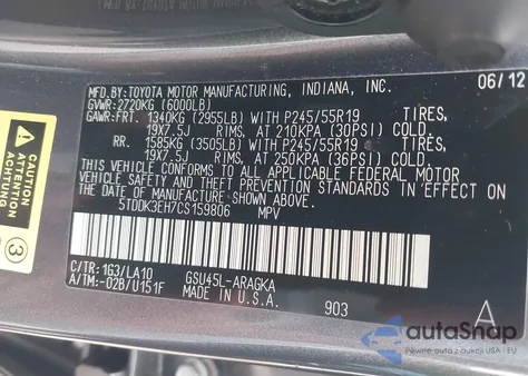 2012 Toyota Highlander Limited V6 from USA, damaged, VIN 5TDDK3EH7CS159806